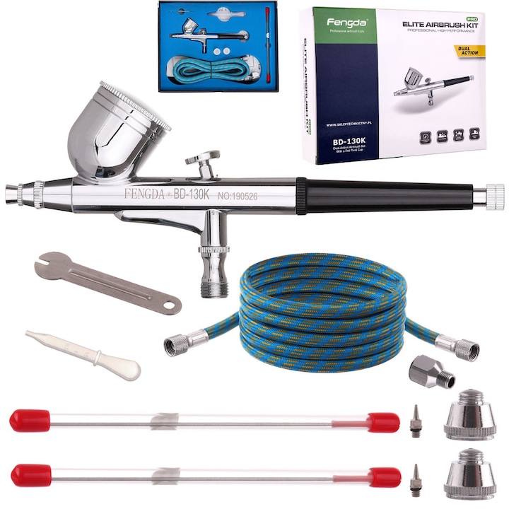 Aerograf Fengda BD-130K, dubla cu furtun si duza 0,2mm 0,3mm 0,5mm, Rezervoare 7 ml