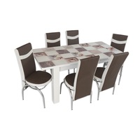 set masa extensibila model mozaic  picioare masa culoare alb din pal imbracat cu metal vopsit in camp electrostatic  cu 6 scaune crem cu maro imagen 17_0_
0