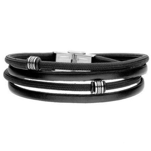 Bratara Manoki BA755B, barbateasca, neagra, piele, bumbac, inox