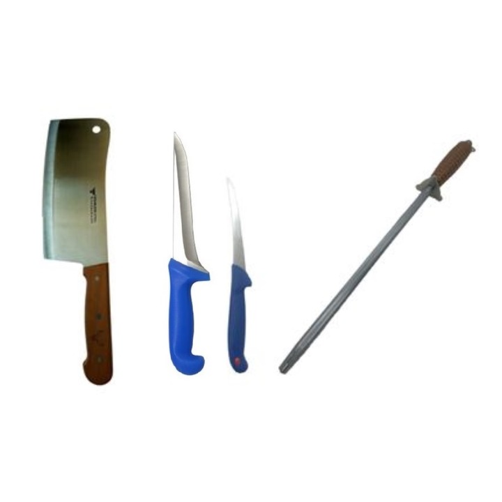 Pachet format din 4 piese pentu macelarie care contine un Satar, 2 cutite macelarie si un masat toate pentru un profesionist BRT-018