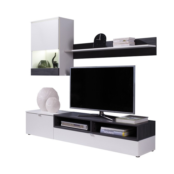 Set mobila Living/camera de zi ,design modern, alb/pin inchis ,175 cm lungime,vitrina sticla, Bortis