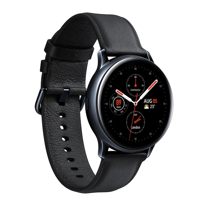 Samsung Galaxy Watch Active 2 okosóra, 40 mm, rozsdamentes acél kivitel, fekete tokkal, fekete bőrpánttal