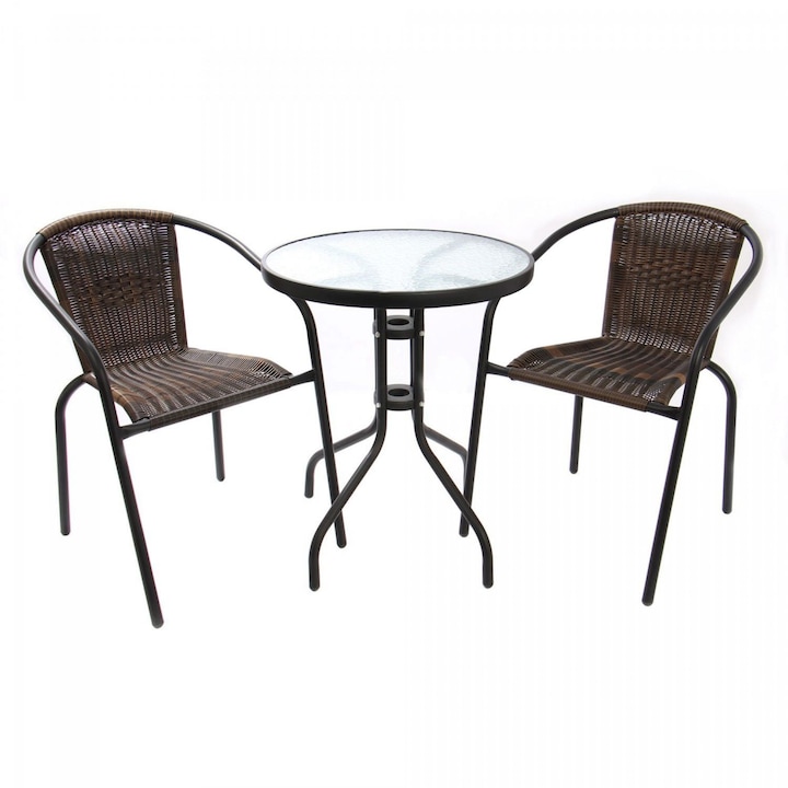 IdealStore STORE ABEBBA BROWN Kerti Bútorkészlet, asztal 2 székkel, fém + szintetikus rattan