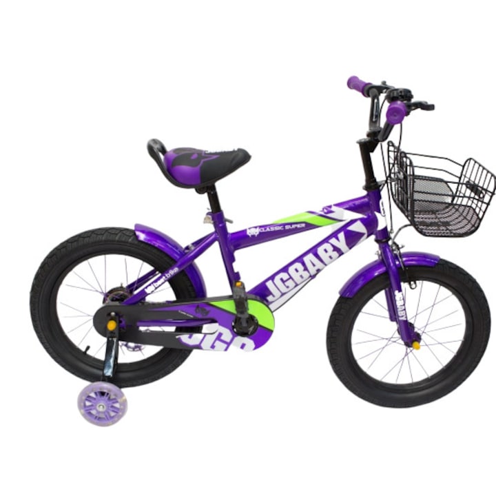 Велосипед JG BABY лилав 12 цола за деца от 2 до 5 години, силиконови помощни колела с диоди и метален кош за играчки