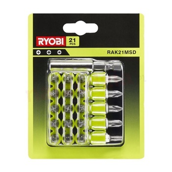Set de 21 accesorii pentru insurubat, Ryobi, RAK21MSD, cu suport pentru biti Set de 21 accesorii pentru insurubat, Ryobi, RAK21MSD, cu suport pentru biti