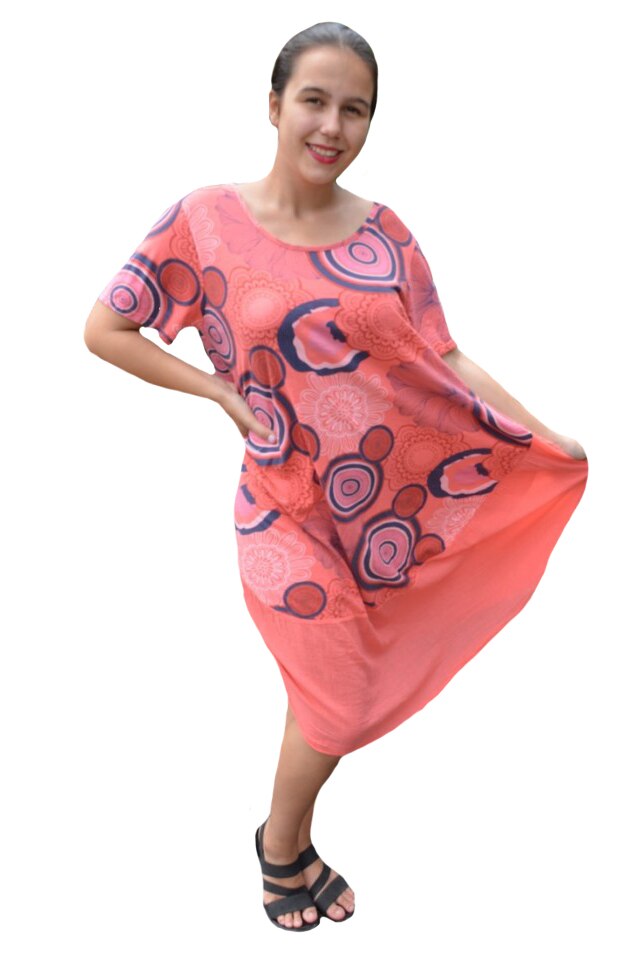 Rochie de vara din bumbac, lungime asimetrica,model geometric si flori, D&J Exclussive, Corai