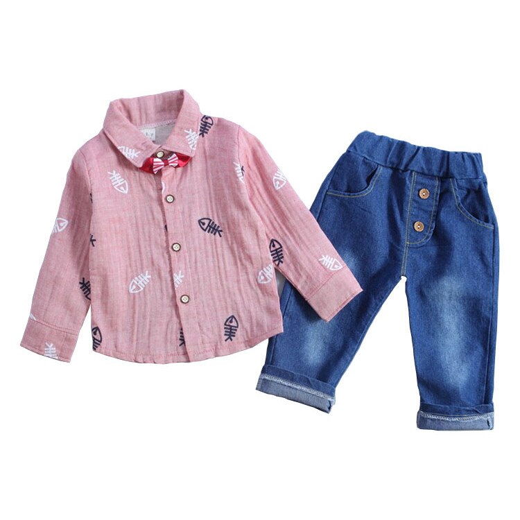 Compleu elegant baieti, camasa cu imprimeu si pantaloni, 2 piese, Roz