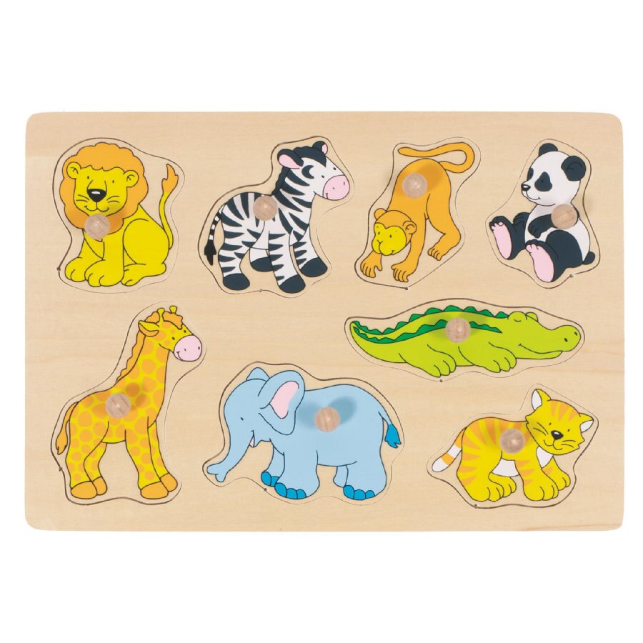 Puzzle cu butoane-animale zoo din lemn Goki