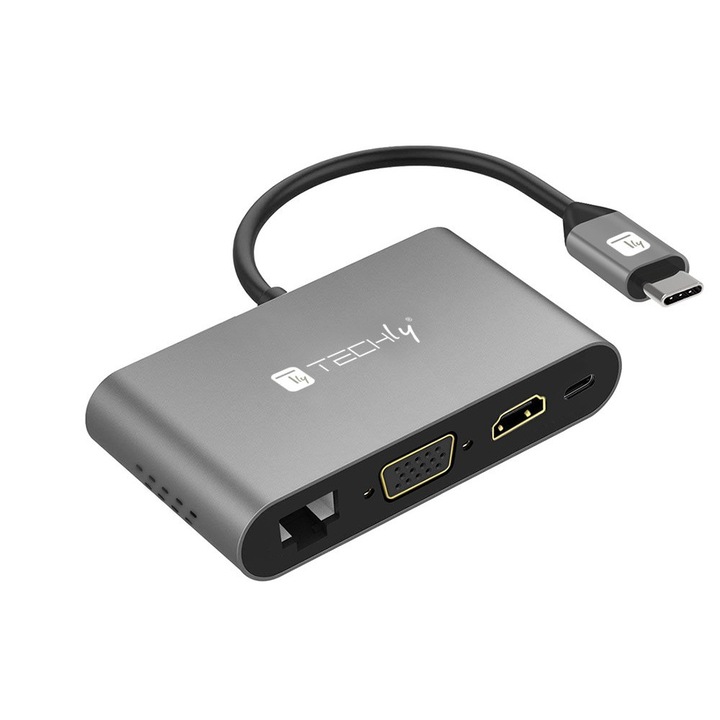 Adaptor multiport Techly USB-C la HDMI / VGA / RJ45 / 2x USB-A / USB-C PD / MicroSD / SD