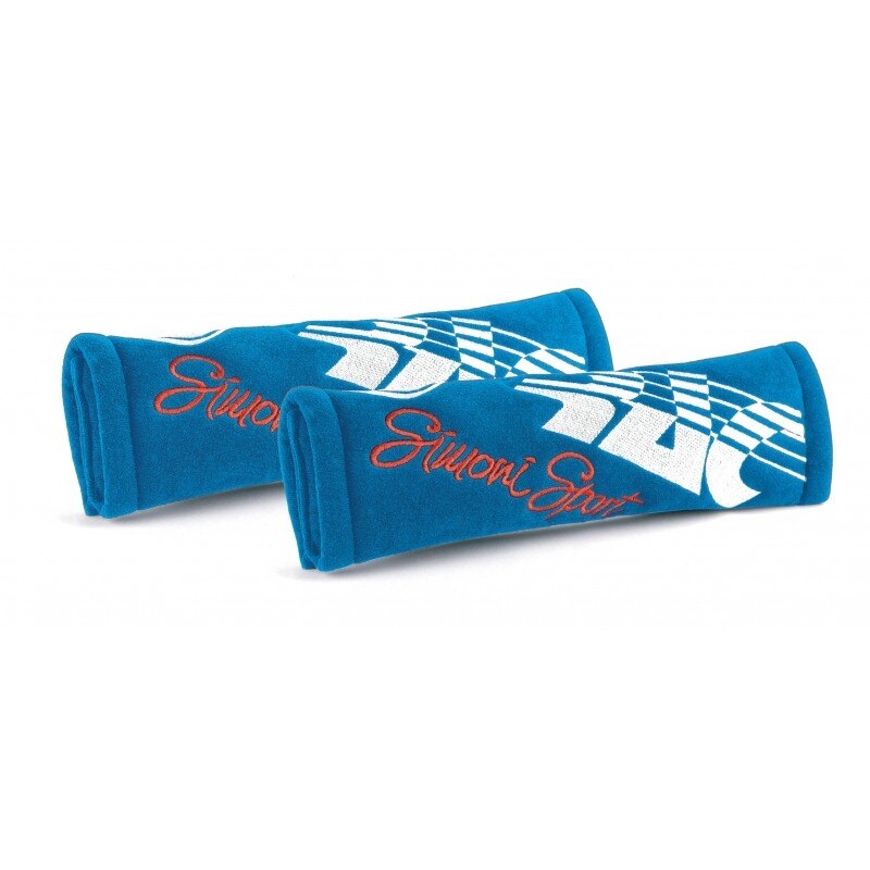 Ornamente design pentru centura de siguranta, marca Simoni Racing, din microfibra albastra cu logo,cod CC3/B.