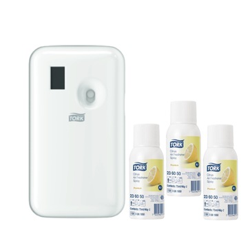 Pachet 3 buc*Odorizant aer tip spray Tork 236050, gama Premium, 75 ml, miros lamaie si Dozator Spray Odorizant Tork 562000, culoarea alb Pachet 3 buc*Odorizant aer tip spray Tork 236050, gama Premium, 75 ml, miros lamaie si Dozator Spray Odorizant Tork 562000, culoarea alb