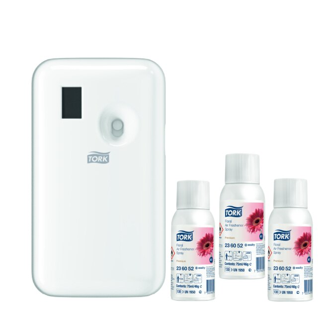 Pachet 3 buc*Odorizant aer tip spray Tork 236052, gama Premium, 75 ml, miros floral si Dozator Spray Odorizant Tork 562000, culoarea alb