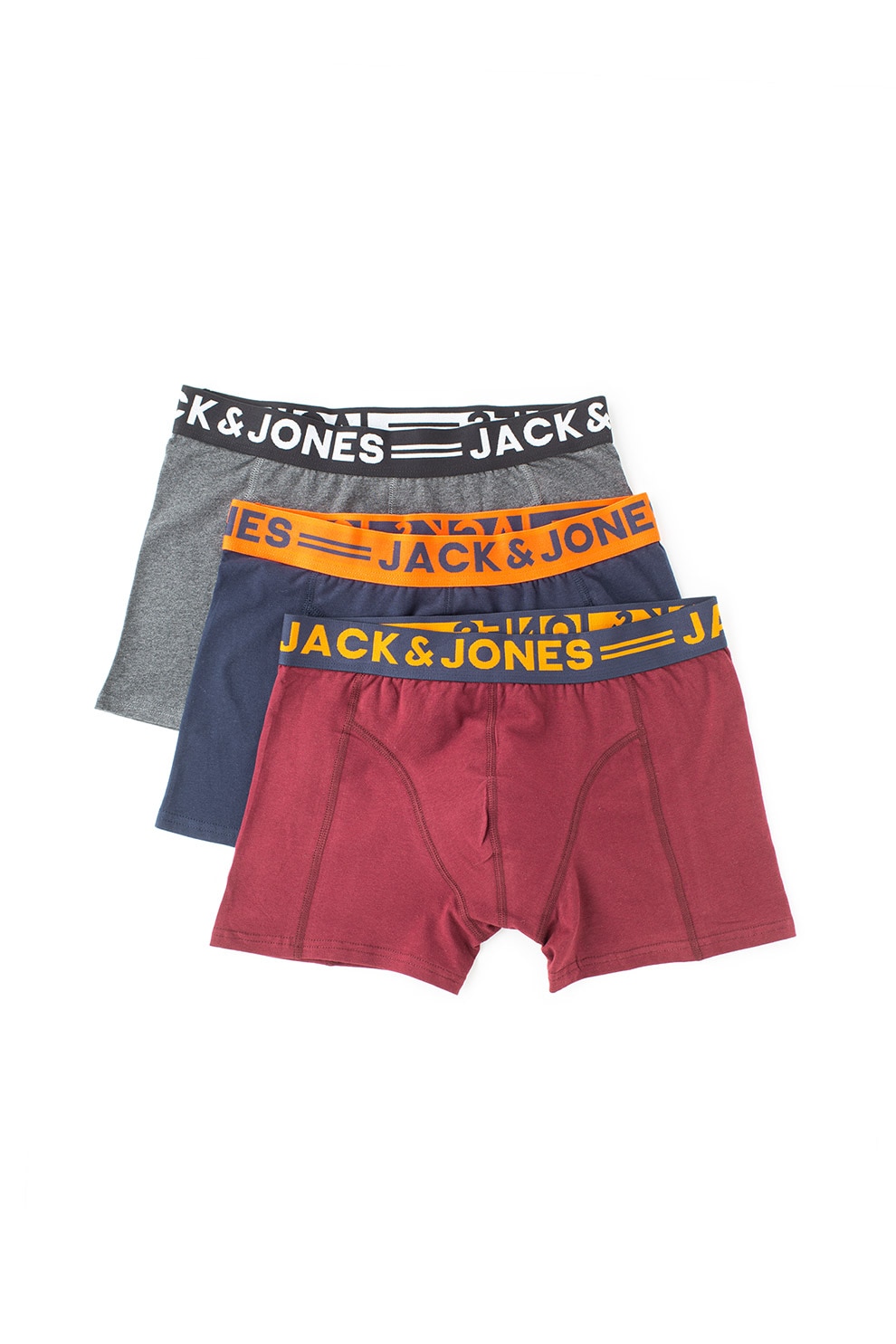 Jack&Jones, Set de boxeri cu banda logo in talie Clichfield - 3 perechi, Rosu Bordeaux/Bleumarin/Gri, S