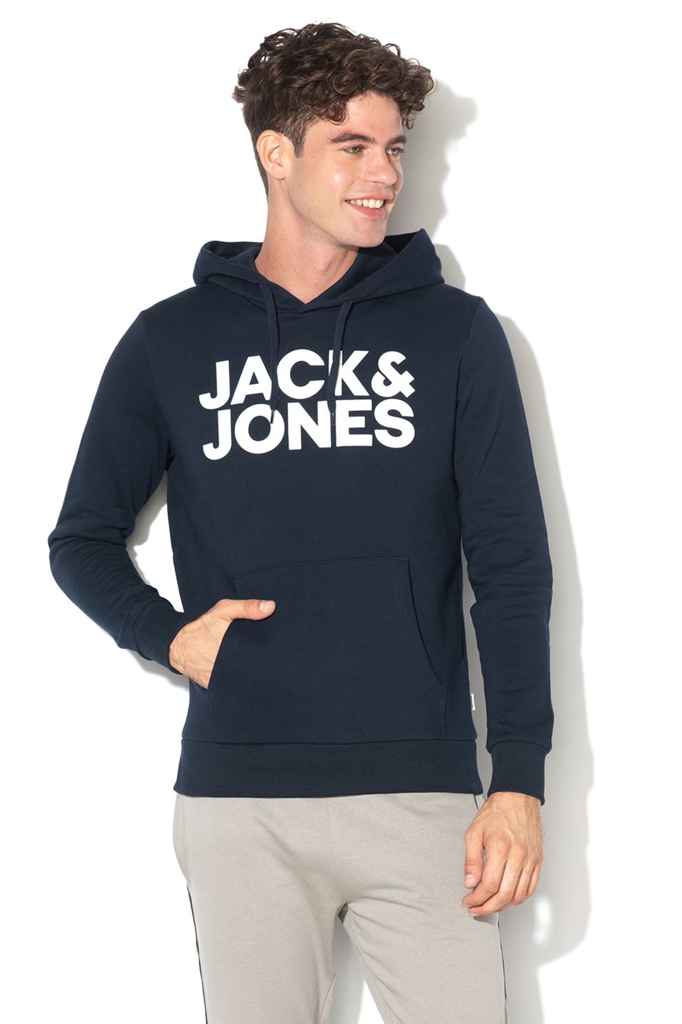 Jack&Jones, Hanorac cu imprimeu logo Ecorp, Bleumarin/Alb