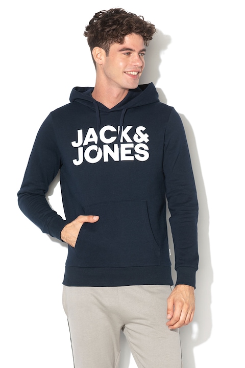 Jack & Jones, Logómintás kapucnis pulóver kenguruzsebbel, Fehér, Tengerészkék, S