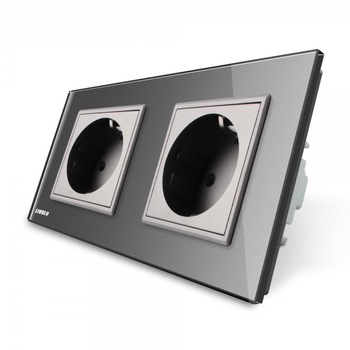 Priza dubla Livolo cu rama din sticla gri, VL-C7C2EU-15 Priza dubla Livolo cu rama din sticla gri, VL-C7C2EU-15