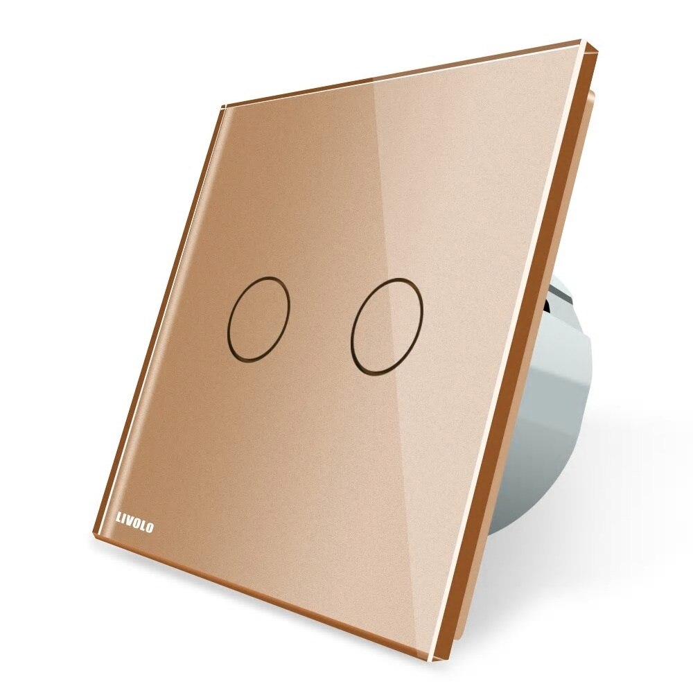 Intrerupator dublu cap-scara\cap-cruce cu touch Livolo din sticla - protocol ZigBee, Auriu