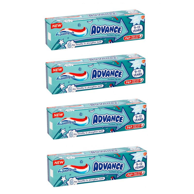 Pasta Dinti Aquafresh Advance 9-12 ani, 3+1 Gratis, 4 x 75 ml