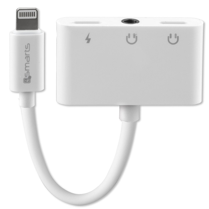 4smarts Audio and Charging Splitter Lightning to 2x Lightning + 3.5 mm Aux Audio Connector - Lightning адаптер към 3.5 аудио изход и 2х Lightning изхода (6.5см) (бял)