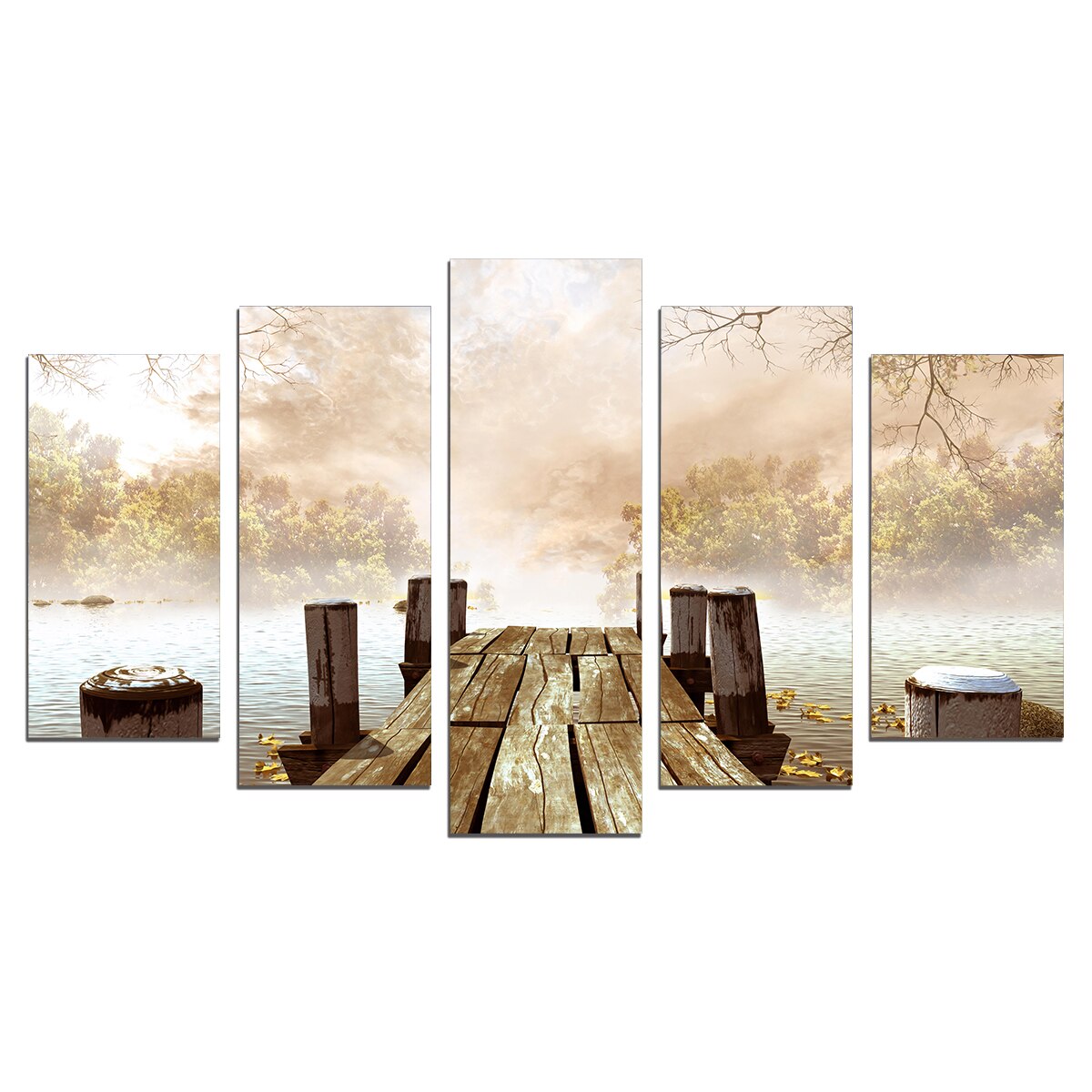 Set Tablouri Multicanvas 5 Piese, Peisaj cu dig de lemn,108х60 cm