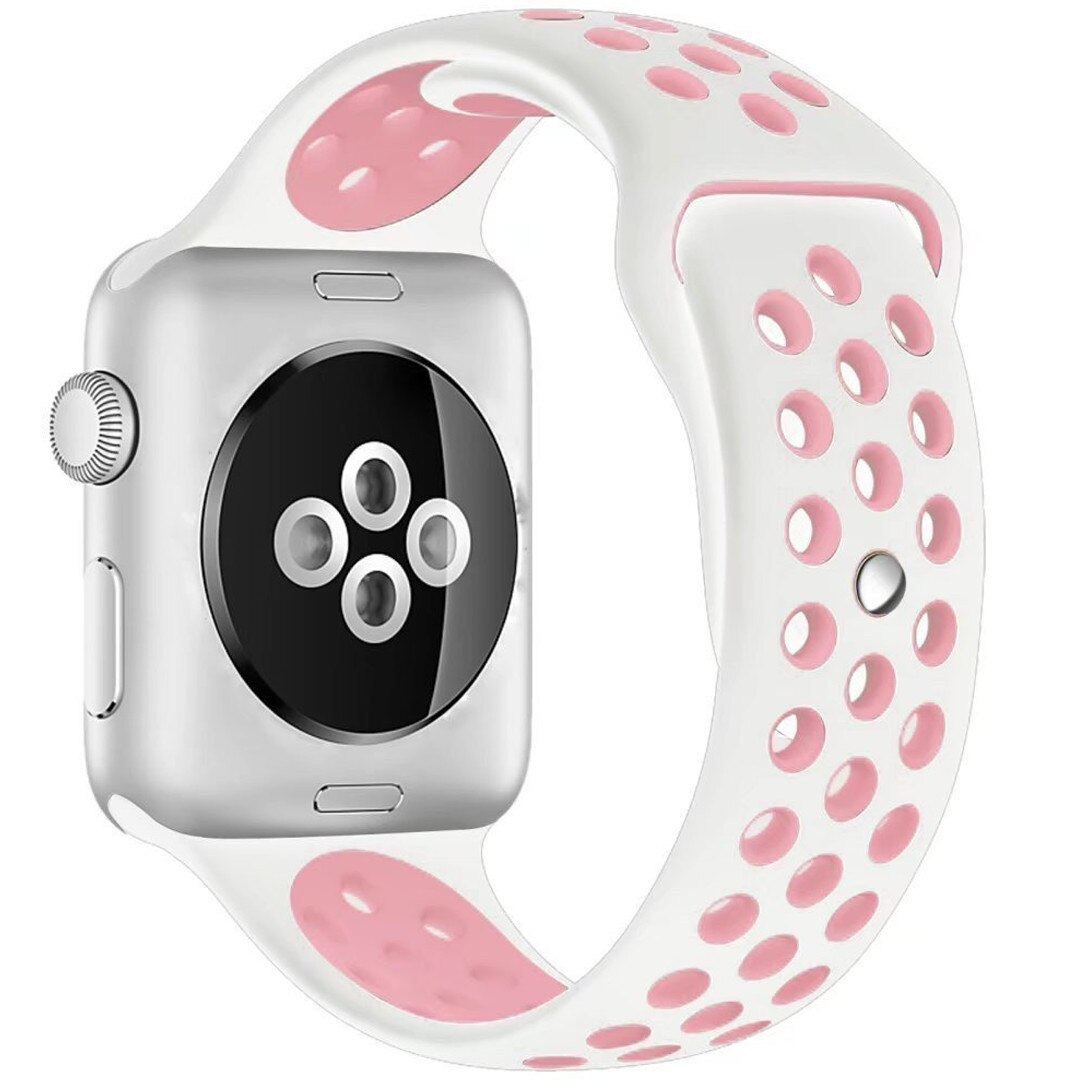 Curea iUni compatibila cu Apple Watch 1/2/3/4/5/6, 38mm, Silicon Sport, Alb/Roz Pal