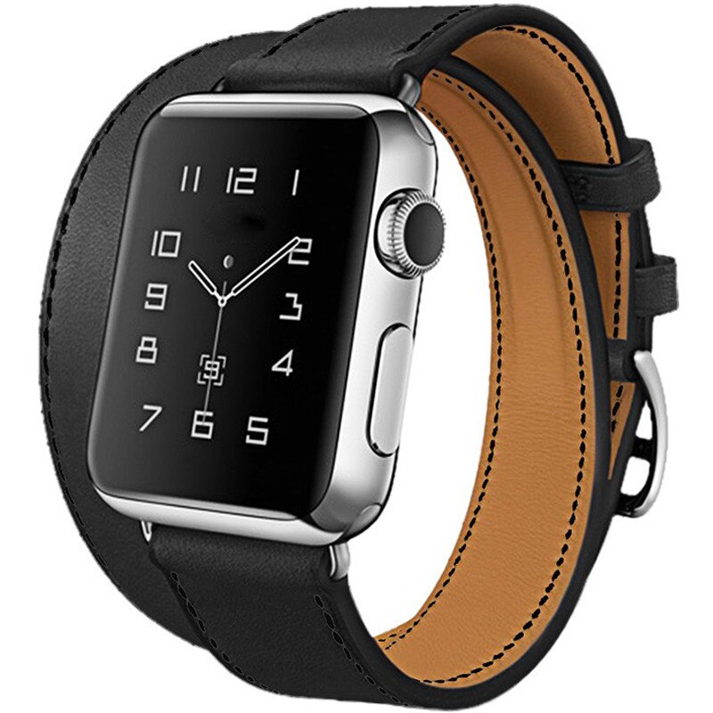 Curea iUni compatibila cu Apple Watch 1/2/3/4/5/6, 40mm, Double Tour, Piele, Negru