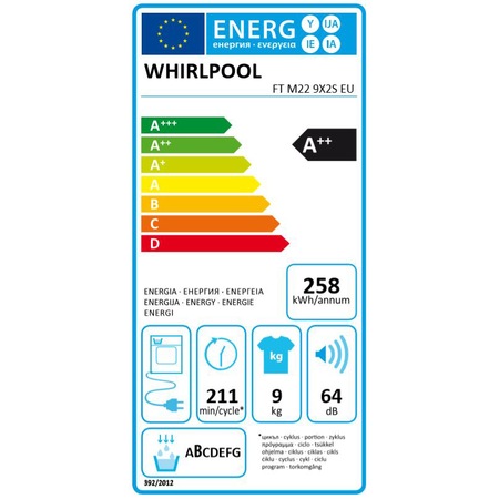 Uscator de rufe Whirlpool FreshCare+ FTM229X2SEU, Pompa de caldura, 9 kg, Clasa A++, Motor Inverter, 6th Sense, Display LCD, Alb