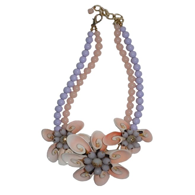 Colier trendy din margele de doua nuante plamaniu si mov , scoici,D&J Exclussive,pudra