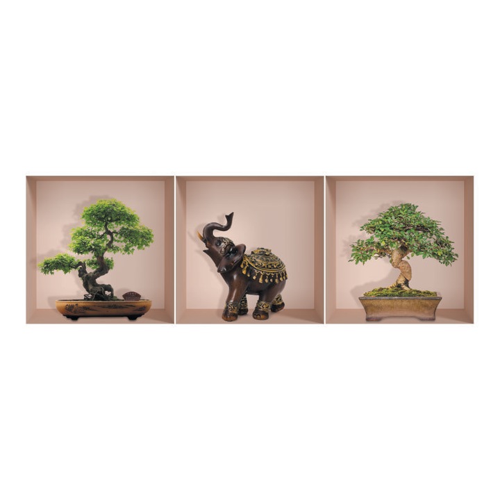 Bonsai si statueta decorative autocolant printat iluzie 3D 45X45 cm / 1 buc