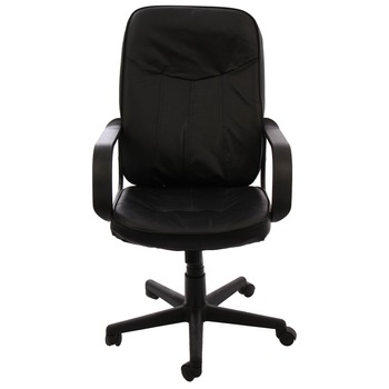 Scaun birou directorial ART ROMA, Sezutul si spatarul au interiorul din lemn stratificat, acoperit cu burete si tapiterie din imitatie de piele neagra Scaun birou directorial ART ROMA, Sezutul si spatarul au interiorul din lemn stratificat, acoperit cu burete si tapiterie din imitatie de piele neagra