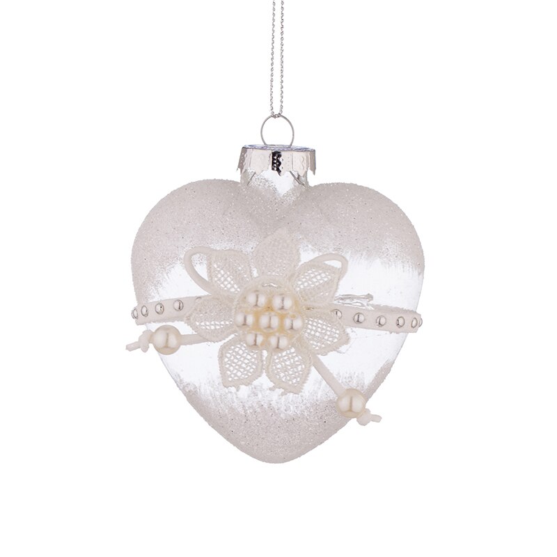 Glob alb model inima cu decor si perle, YA62, Sticla, 8 cm
