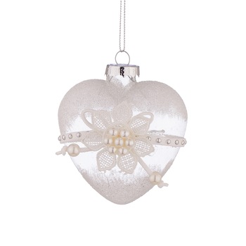 Glob alb model inima cu decor si perle, YA62, Sticla, 8 cm Glob alb model inima cu decor si perle, YA62, Sticla, 8 cm
