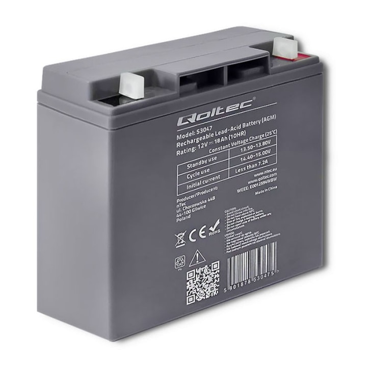 Батерия, Qoltec, AGM, 12V, 18Ah, макс. 270A