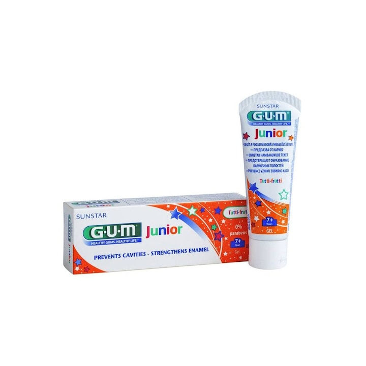 Детска паста за зъби GUM, 7+ с портокалов вкус, нежна към зъбите и клинично доказана минерализация на зъбите