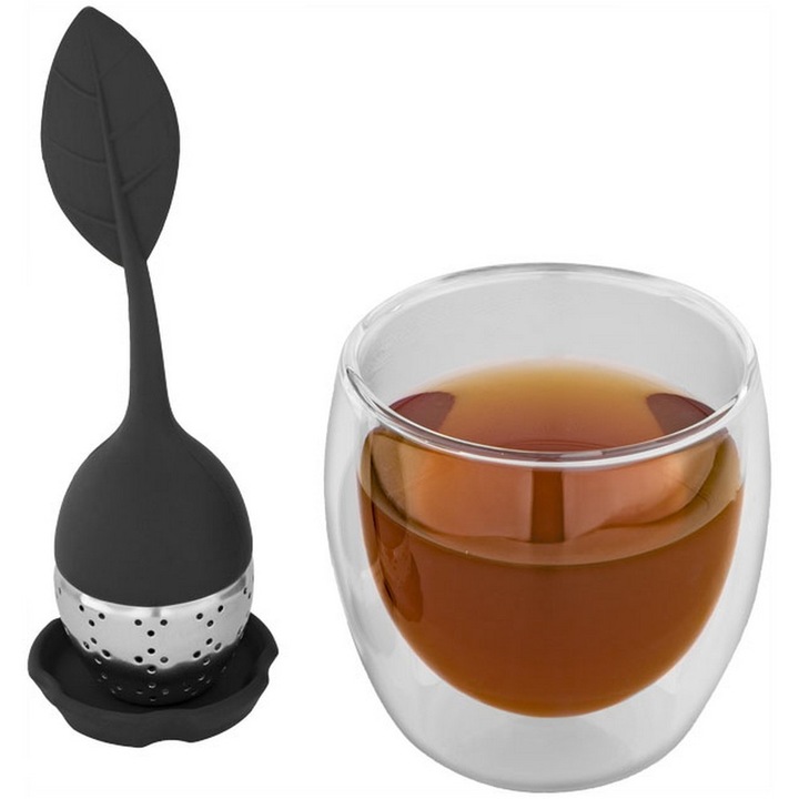 Set de ceai cu infuzor si cana, 250 ml, Everestus, SG01, sticla, silicon, otel inoxidabil, negru, transparent, saculet inclus