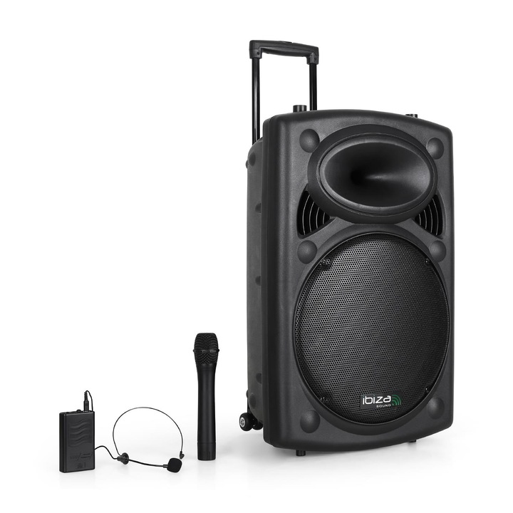 Boxa portabila Ibiza, 800W, 15 inch/38CM, Bluetooth/Cititor USB-MP3/WMA, 2 microfoane wireless - mana si casca, Telecomanda