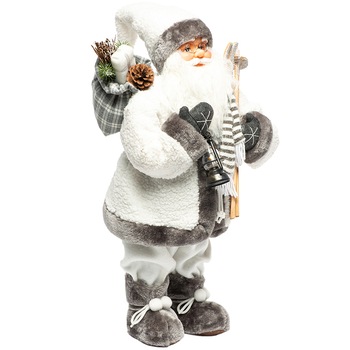 Figurina Mos Craciun Kring, cu sac de cadouri si schiuri, 60 cm, Alb/Gri Figurina Mos Craciun Kring, cu sac de cadouri si schiuri, 60 cm, Alb/Gri