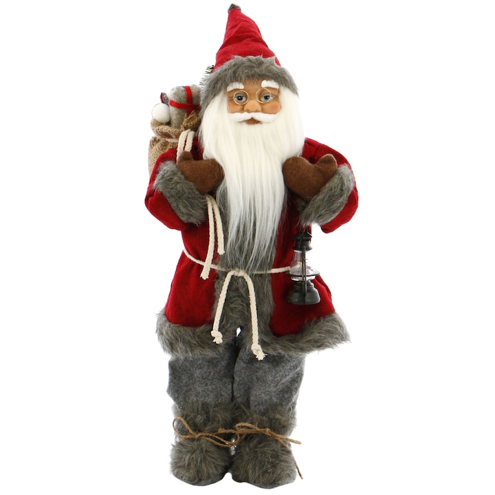 Фигурка Дядо Коледа с чувал с подаръци Kring, 46 см, Червена/Сива