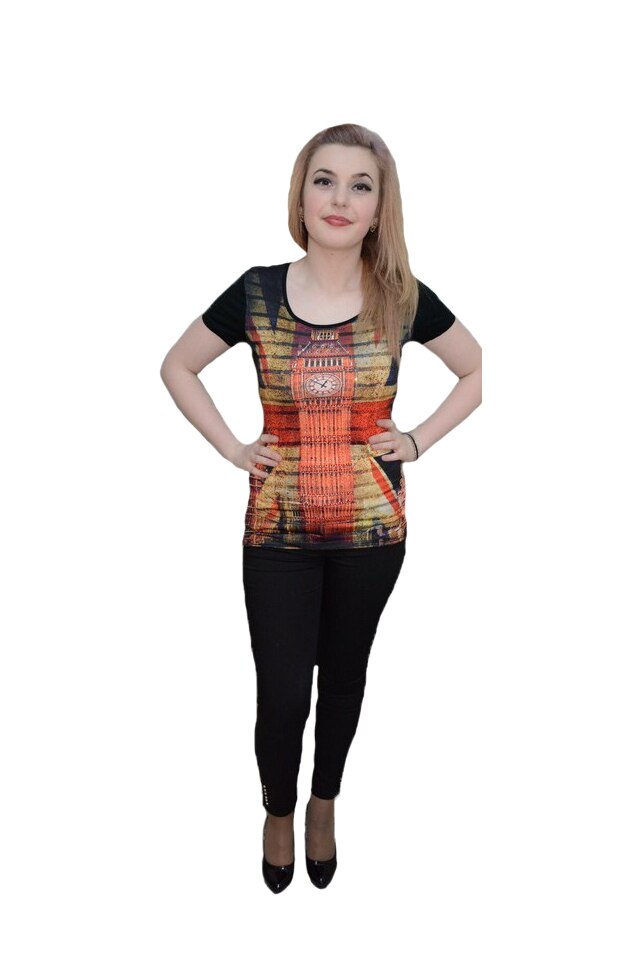 Tricou modern, cu imprimeu si strasuri mici,D&J Exclussive, Negru