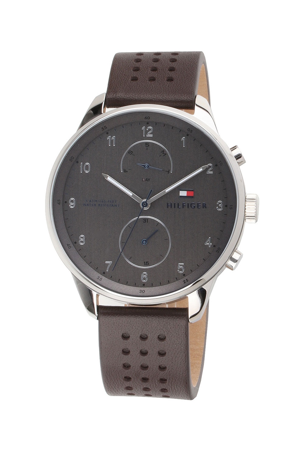 Tommy Hilfiger, Ceas rotund cu o curea de piele, Argintiu/Maro
