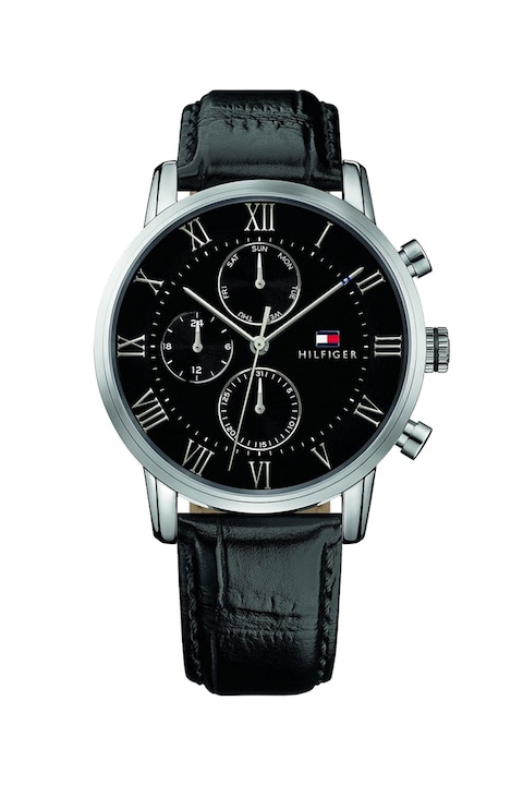 Tommy Hilfiger, Ceas cu functii multiple si curea cu model cu piele de crocodil, Argintiu/Negru