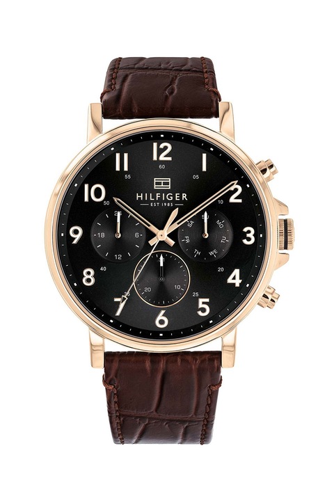 Tommy Hilfiger, Мултифункционален часовник с кожена каишка, Златист/Кафяв