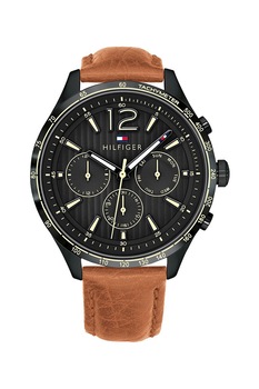 Tommy Hilfiger, Ceas cu functii multiple si curea de piele, Negru/Maro scortisoara Tommy Hilfiger, Ceas cu functii multiple si curea de piele, Negru/Maro scortisoara