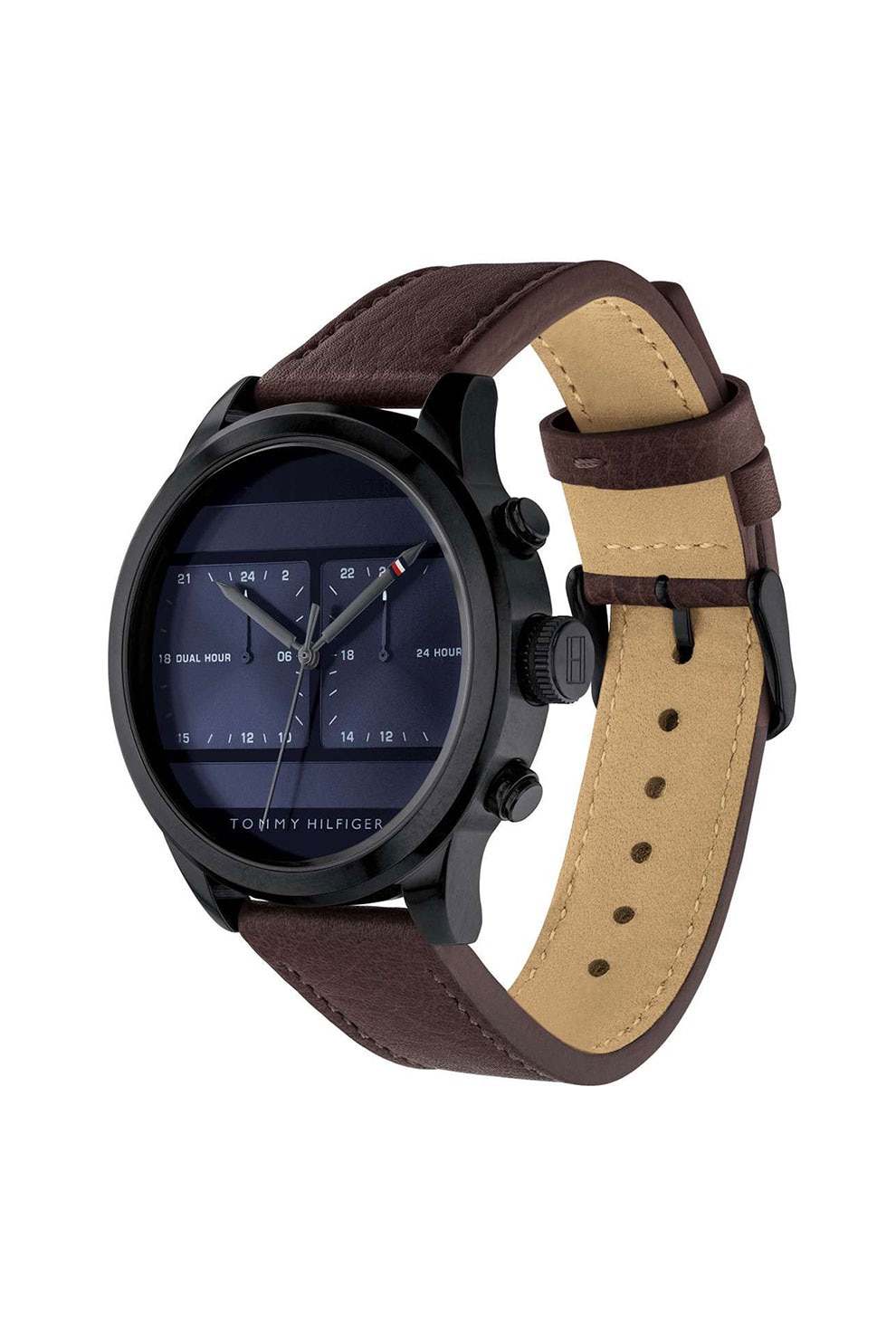 Tommy Hilfiger, Ceas cu o curea din piele, Maro inchis/negru/bleumarin