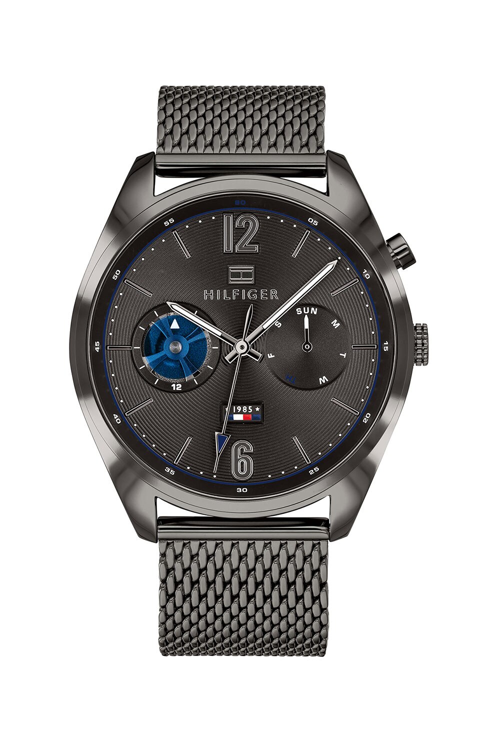 Tommy Hilfiger, Ceas analog cu bratara cu aspect de plasa, Negru