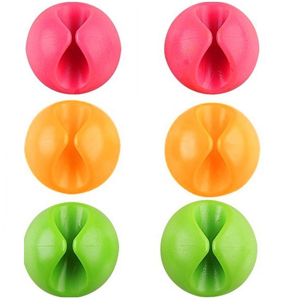 Organizator multifunctional cabluri birou si incarcatoare cu dublu adeziv, set de 6 bucati x 2 orificii, suport cablu, silicon, LRTM, verde-roz-portocaliu