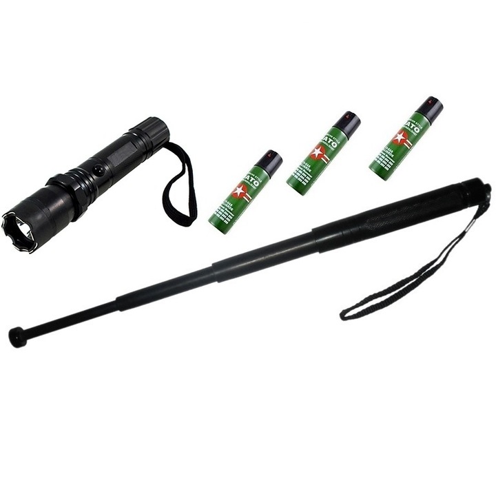 Kit de AutoAparare Survival-5B, Lanterna cu Electrosoc din Duraluminiu, Baston Telescopic din Otel si 3x Spray Paralizant