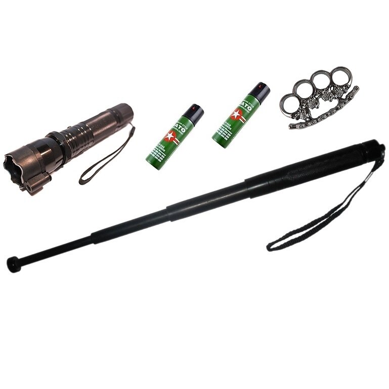 Kit de AutoAparare Survival-7Ab, Lanterna cu Electrosoc si Laser Pointer din Duraluminiu, Baston Telescopic din Otel, Box Metalic tip Rozeta si Spray Paralizant