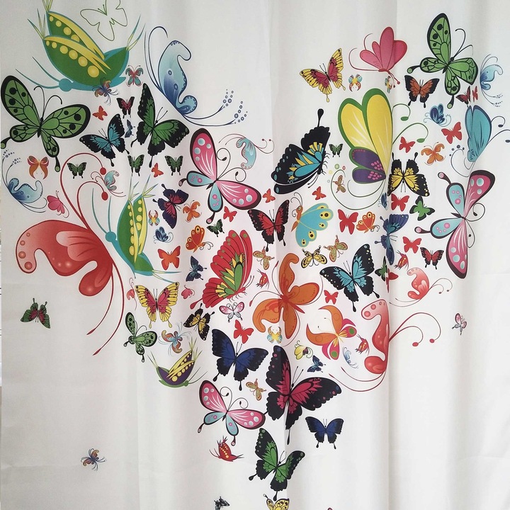 Perdea dus, model Fluturi, Impermeabila, Multicolor,180 x 200 cm +12 inele de prindere
