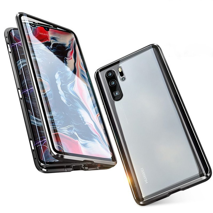 Wozinsky Teljes Mágneses Case Full Body Első és hátsó tok + edzett üveg Huawei P30 Pro fekete - áttetsző telefontok hátlap
